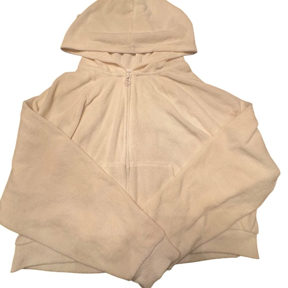 Victorias Secret White Full-Zip Hoodie L/XL Terry Cloth Material With Hooded Des